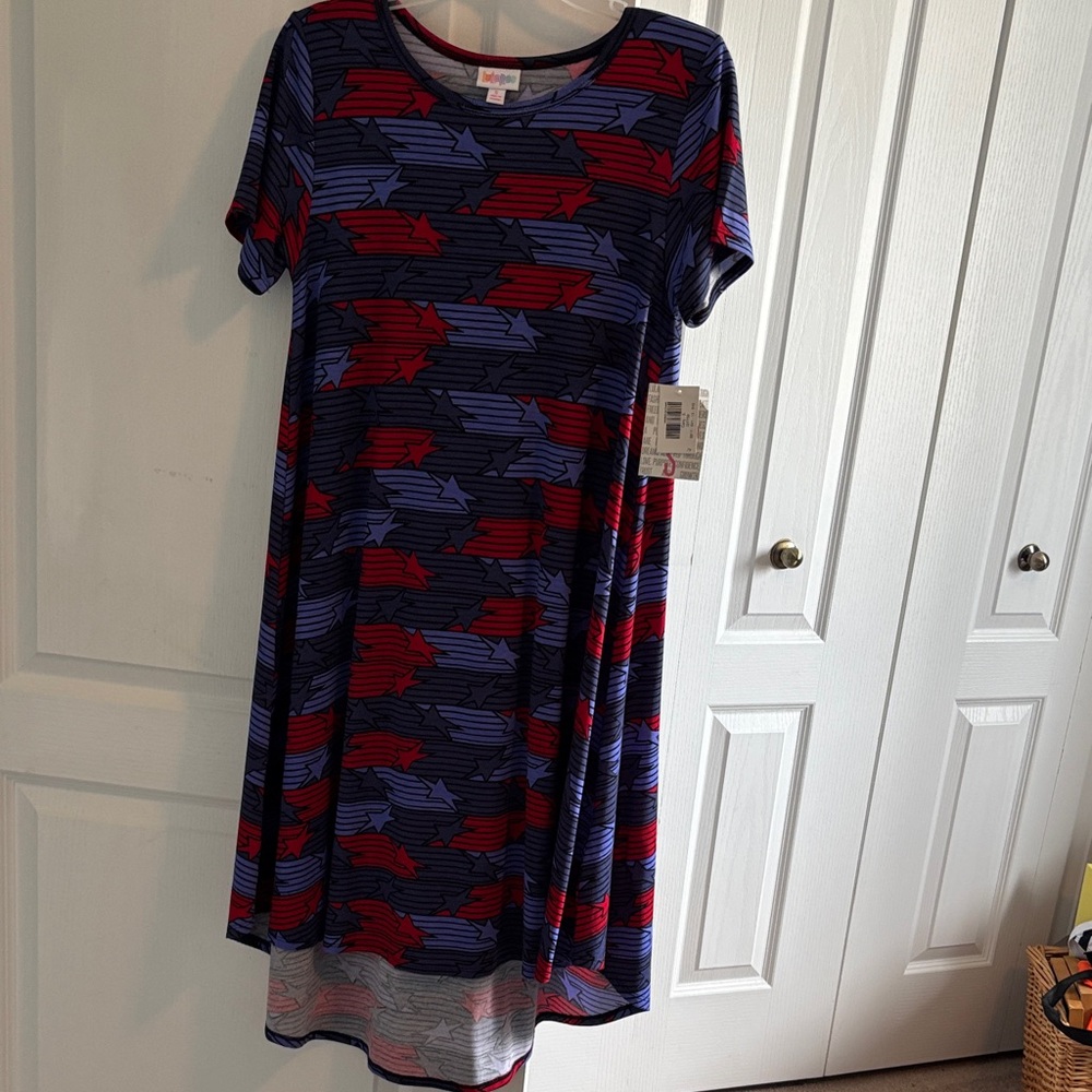 LuLaRoe Carly High Low Dress in Blue and Red